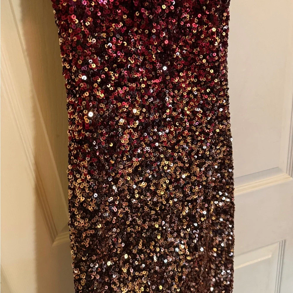 B. Smart Off Shoulder Burgundy and Gold Ombré Sequin Dress - Picture 4 of 8